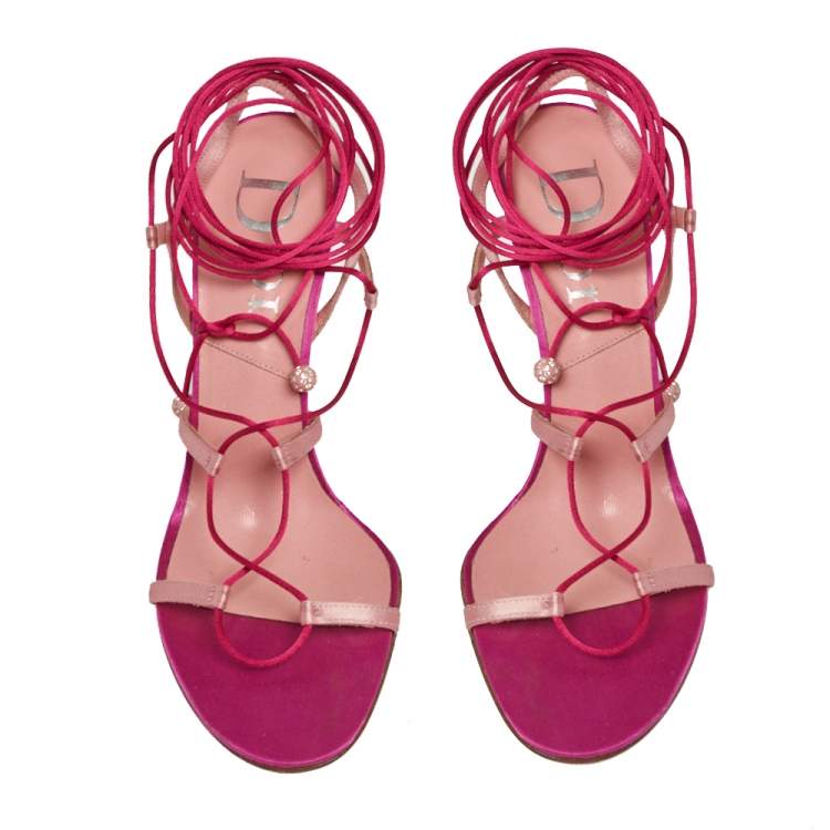 Pre Owned Dior Pink/Red Satin Ankle Wrap Sandals Size 40.5