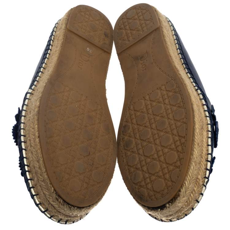 Pre Owned Dior Navy Blue Laser Cut Leather Flower Applique Espadrille Flats Size 36