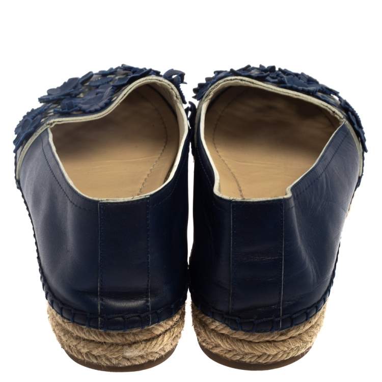 Pre Owned Dior Navy Blue Laser Cut Leather Flower Applique Espadrille Flats Size 36
