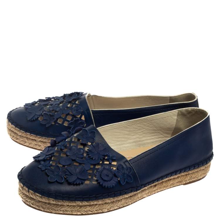 Pre Owned Dior Navy Blue Laser Cut Leather Flower Applique Espadrille Flats Size 36