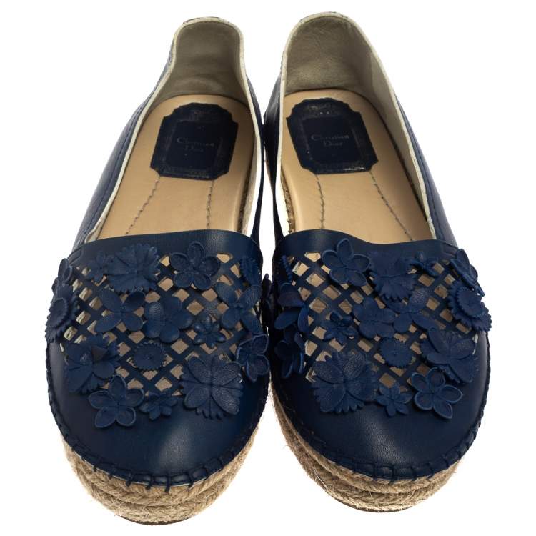 Pre Owned Dior Navy Blue Laser Cut Leather Flower Applique Espadrille Flats Size 36