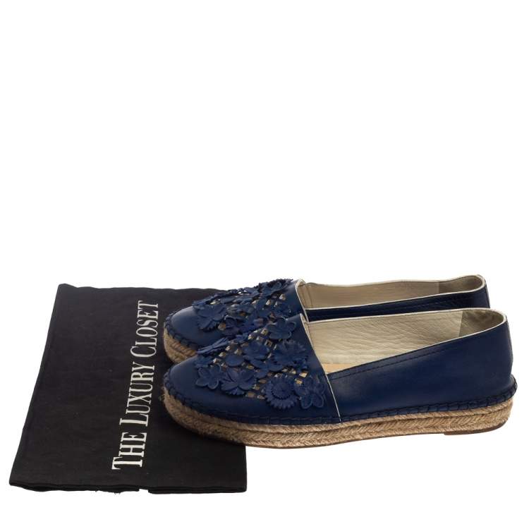 Pre Owned Dior Navy Blue Laser Cut Leather Flower Applique Espadrille Flats Size 36