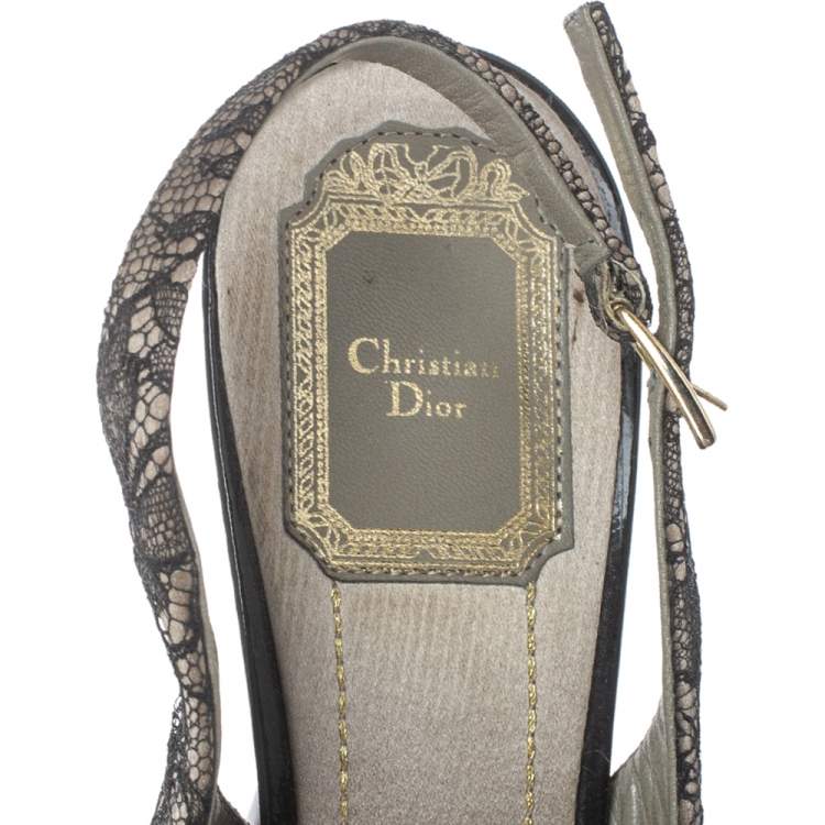 Pre Owned Dior Black/Grey Lace and Satin Bow Slingback Platform Sandals Size 38.5