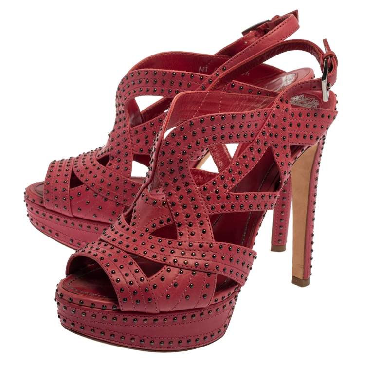 Pre Owned Dior Pink Leather Embellishment Platform Sandals Size 38.5