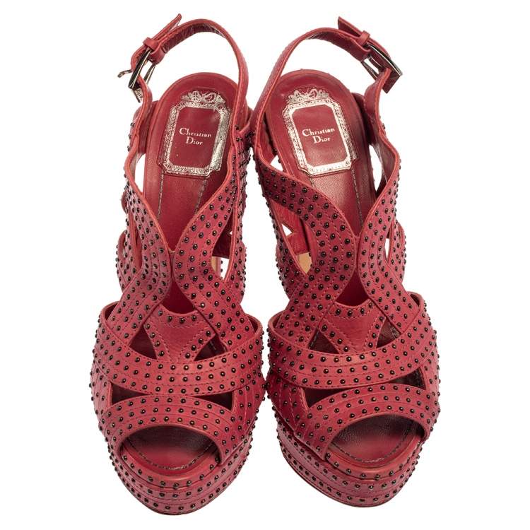 Pre Owned Dior Pink Leather Embellishment Platform Sandals Size 38.5