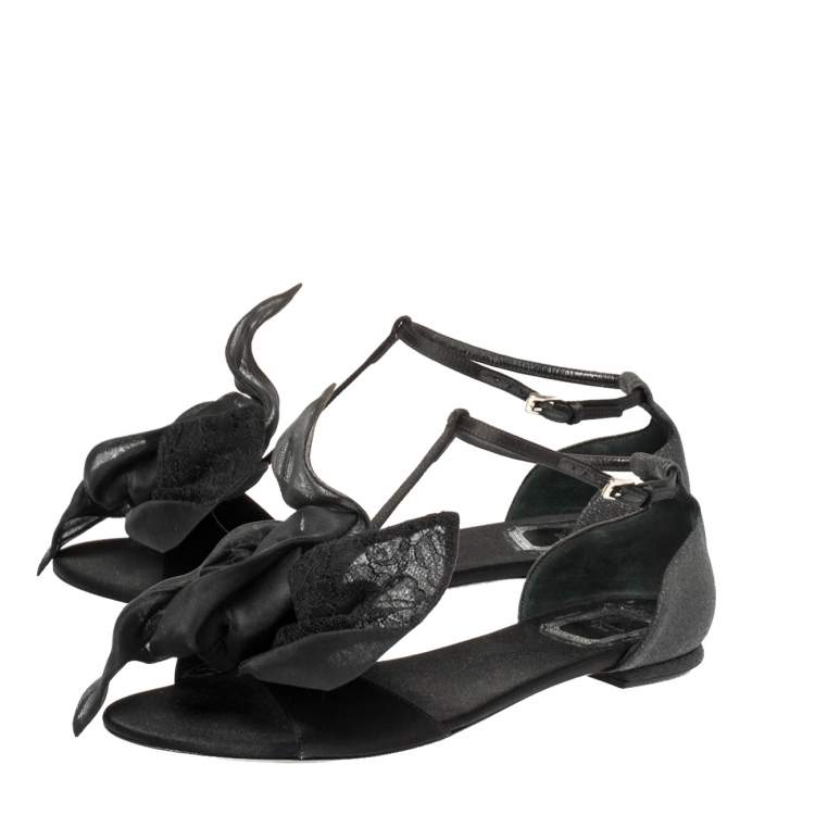 Pre Owned Dior Black Satin T Strap Thong Flat Sandals Size 39.5