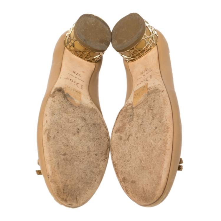 Pre Owned Dior Beige Leather Bow Detail Cannage Heel Pumps Size 37.5