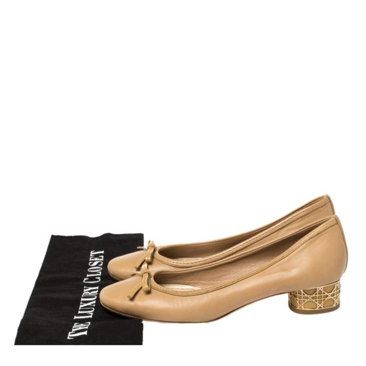 Pre Owned Dior Beige Leather Bow Detail Cannage Heel Pumps Size 37.5