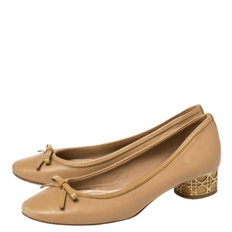 Pre Owned Dior Beige Leather Bow Detail Cannage Heel Pumps Size 37.5