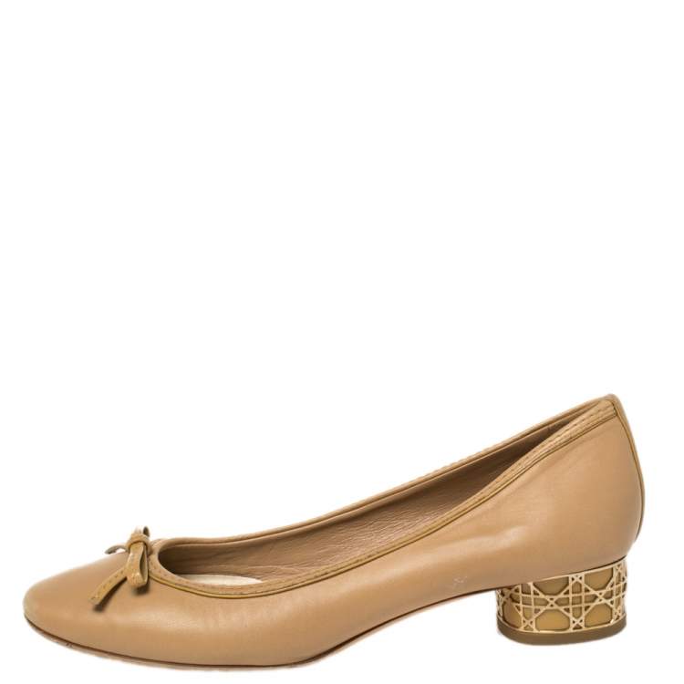 Pre Owned Dior Beige Leather Bow Detail Cannage Heel Pumps Size 37.5