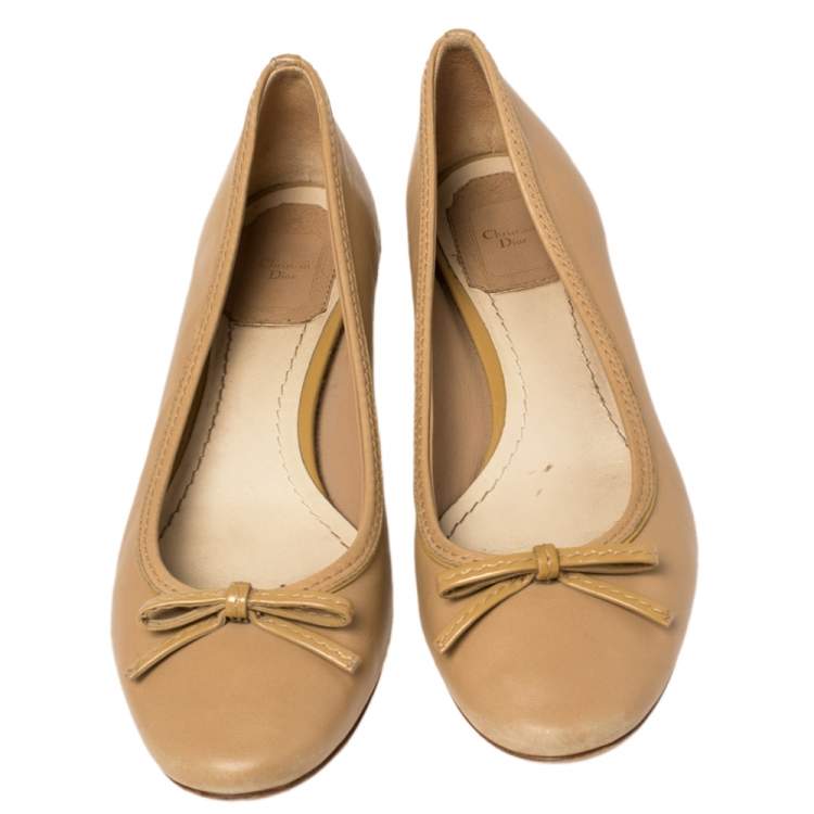 Pre Owned Dior Beige Leather Bow Detail Cannage Heel Pumps Size 37.5
