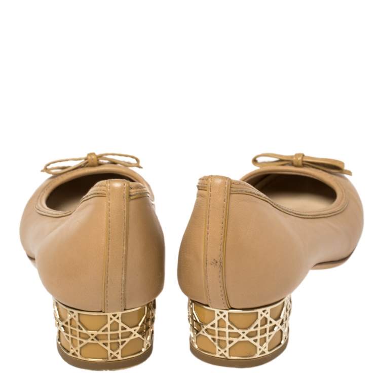 Pre Owned Dior Beige Leather Bow Detail Cannage Heel Pumps Size 37.5