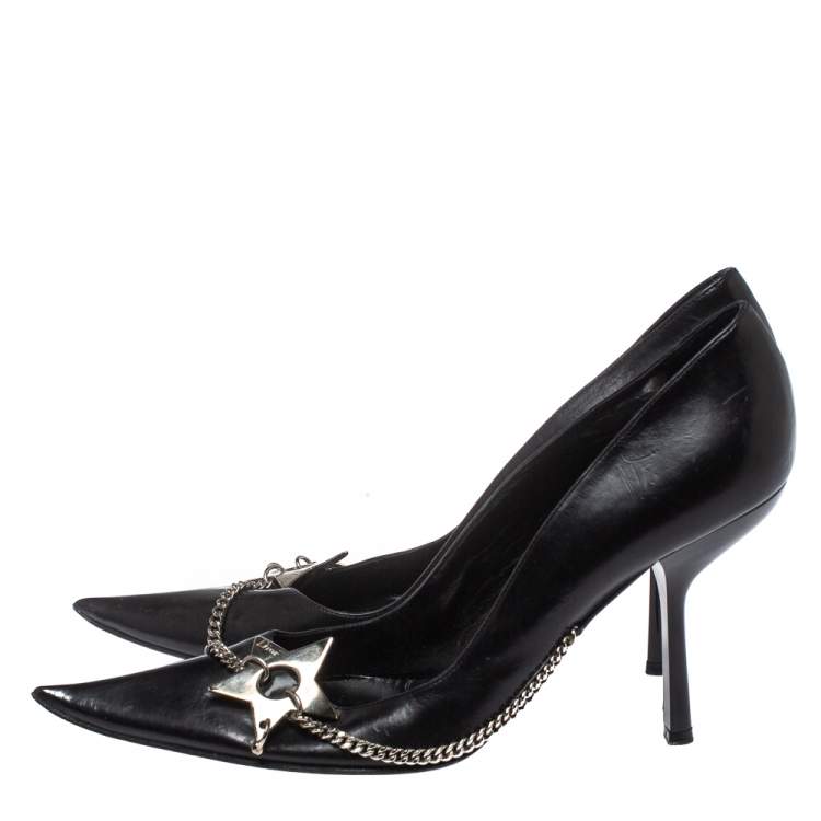 Pre Owned Dior Black Leather Star Chain Pointed Toe Pumps Size 40