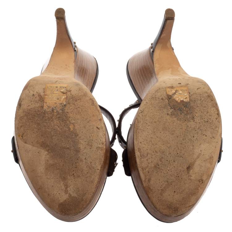 Pre Owned Christian Dior Brown Studded Leather And Suede Cross Strap Wooden Platform Mules Size 39