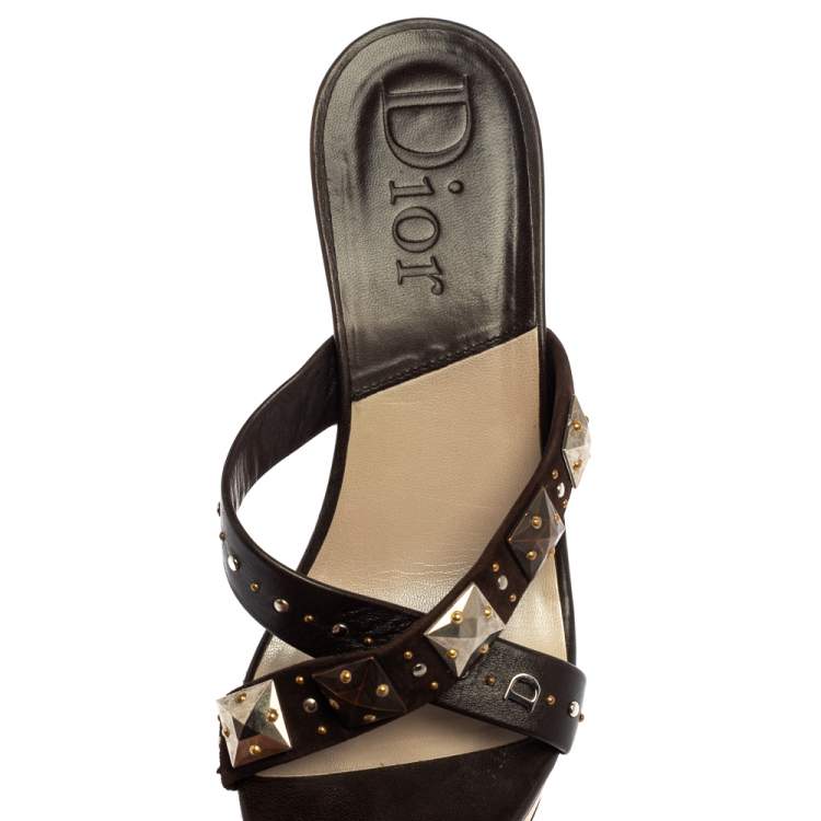Pre Owned Christian Dior Brown Studded Leather And Suede Cross Strap Wooden Platform Mules Size 39