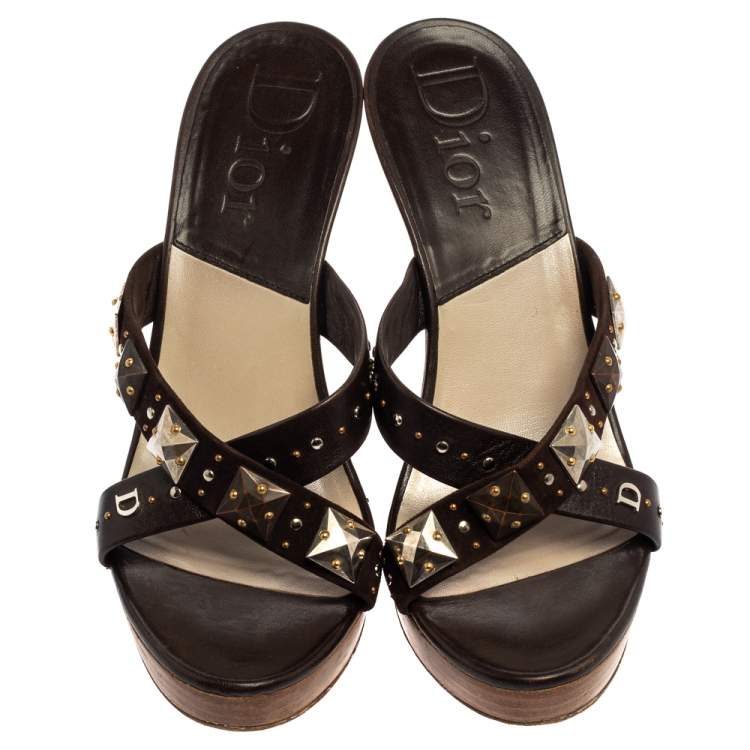 Pre Owned Christian Dior Brown Studded Leather And Suede Cross Strap Wooden Platform Mules Size 39