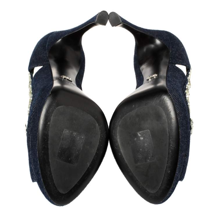 Pre Owned  Dior Blue Crystal Embellished Denim Garland Peep Toe Pumps Size 37.5