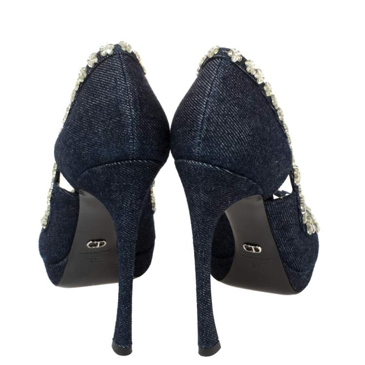Pre Owned  Dior Blue Crystal Embellished Denim Garland Peep Toe Pumps Size 37.5