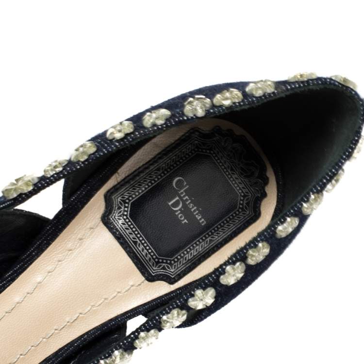 Pre Owned  Dior Blue Crystal Embellished Denim Garland Peep Toe Pumps Size 37.5