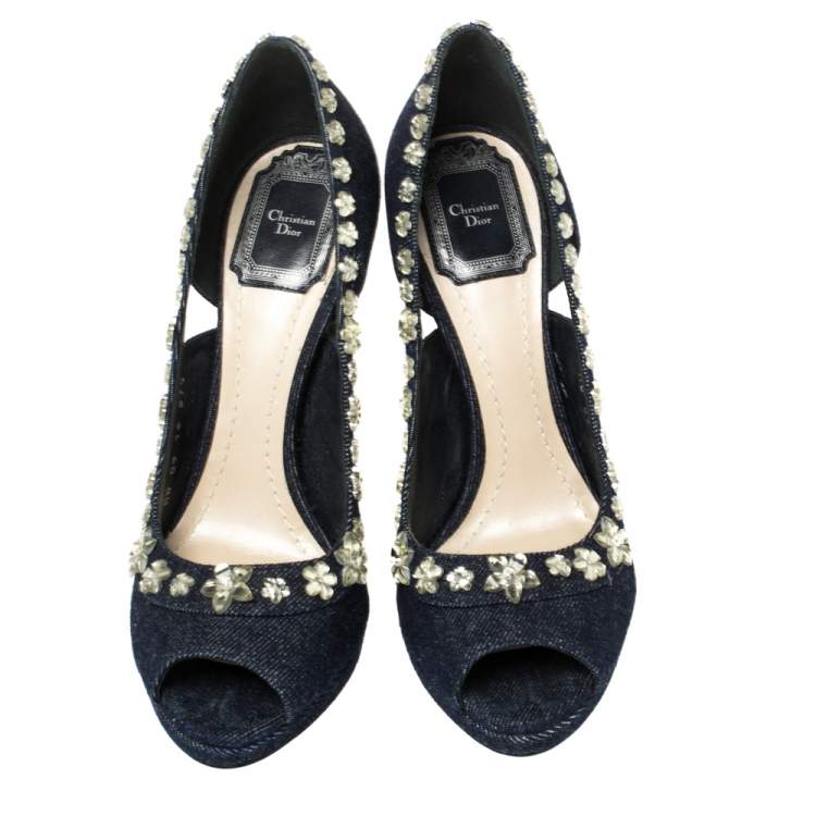 Pre Owned  Dior Blue Crystal Embellished Denim Garland Peep Toe Pumps Size 37.5