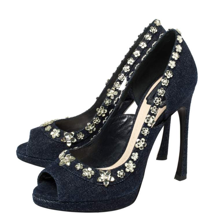 Pre Owned  Dior Blue Crystal Embellished Denim Garland Peep Toe Pumps Size 37.5