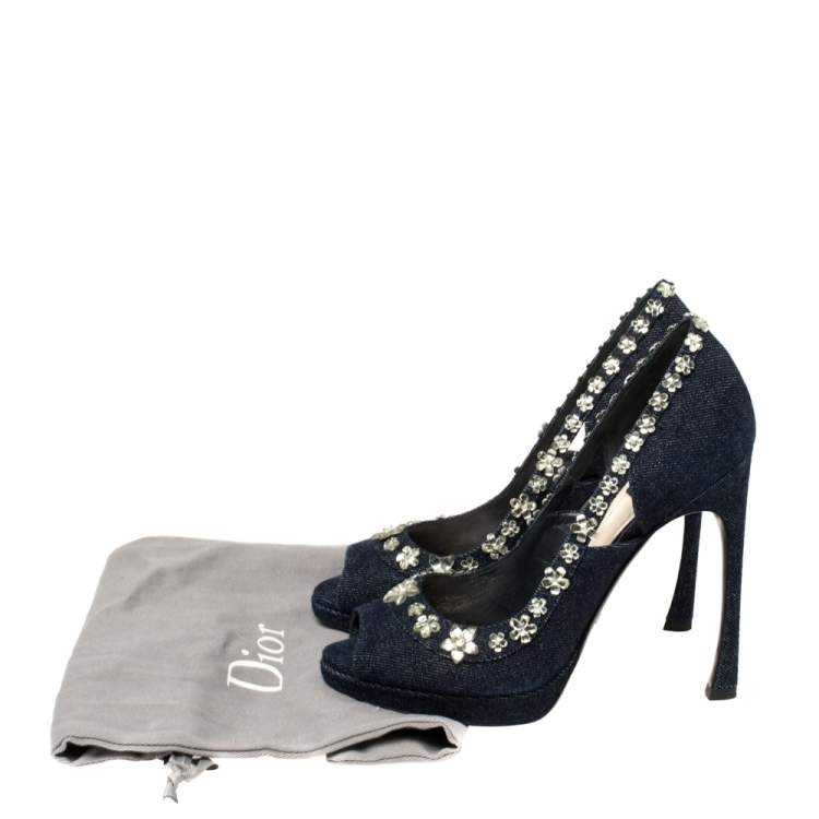 Pre Owned  Dior Blue Crystal Embellished Denim Garland Peep Toe Pumps Size 37.5