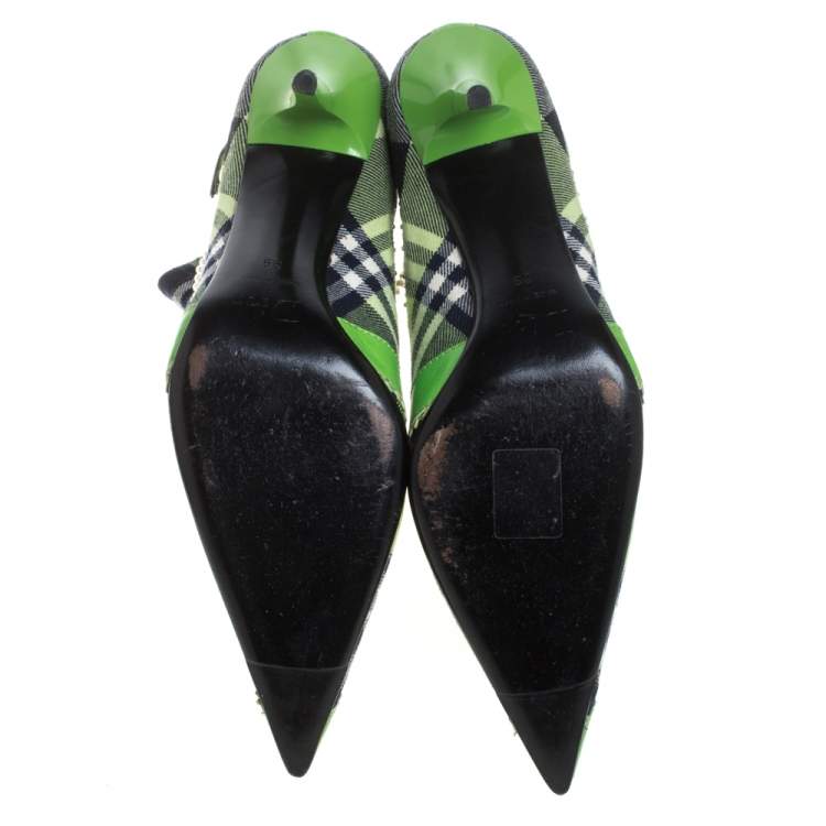 Pre Owned Dior Green Leather And Check Canvas Pearl Embellished Pointed Toe Ankle Booties Size 39