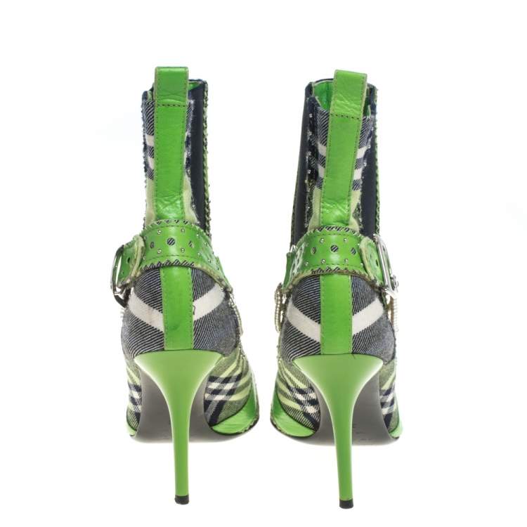 Pre Owned Dior Green Leather And Check Canvas Pearl Embellished Pointed Toe Ankle Booties Size 39