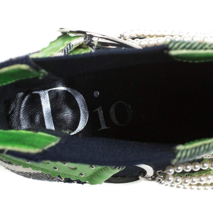 Pre Owned Dior Green Leather And Check Canvas Pearl Embellished Pointed Toe Ankle Booties Size 39