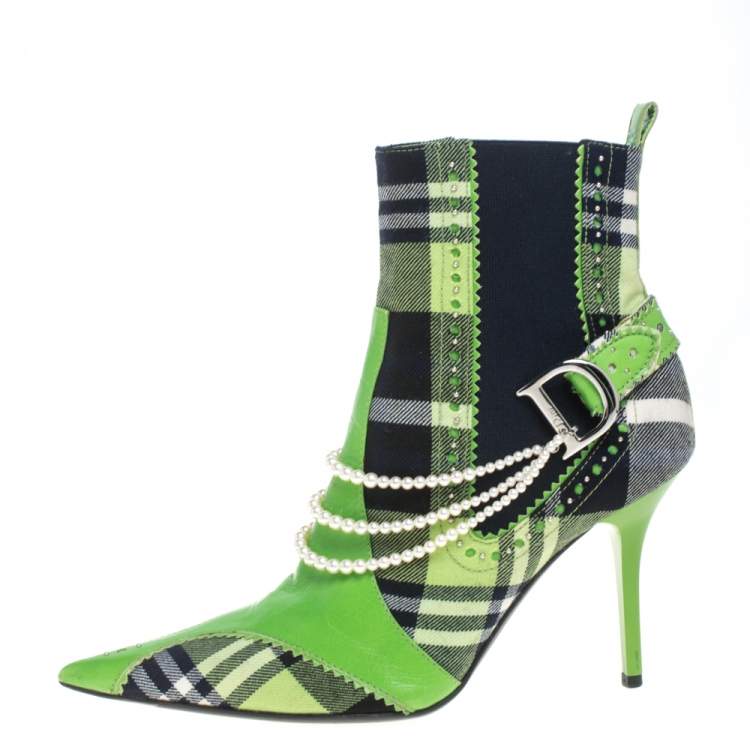 Pre Owned Dior Green Leather And Check Canvas Pearl Embellished Pointed Toe Ankle Booties Size 39