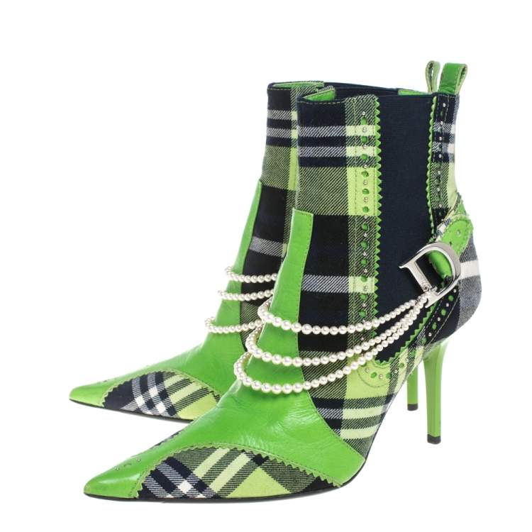 Pre Owned Dior Green Leather And Check Canvas Pearl Embellished Pointed Toe Ankle Booties Size 39