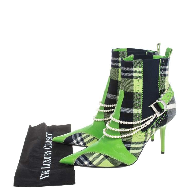 Pre Owned Dior Green Leather And Check Canvas Pearl Embellished Pointed Toe Ankle Booties Size 39