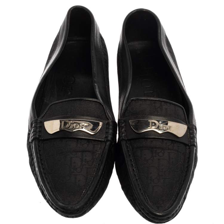 Pre Owned Dior Black Monogram Canvas And Leather Pointed Toe Loafers Size 38.5