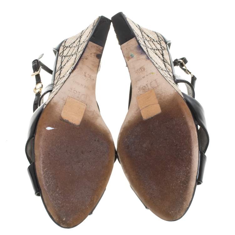 Pre Owned Dior Black Patent Leather Criss Cross Raffia Wedge Ankle Strap Sandals Size 40.5