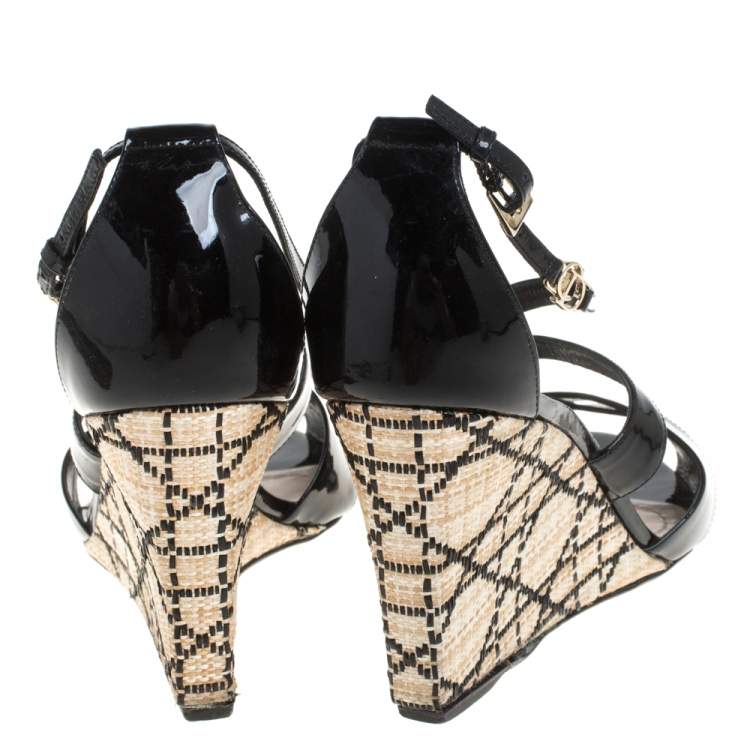 Pre Owned Dior Black Patent Leather Criss Cross Raffia Wedge Ankle Strap Sandals Size 40.5