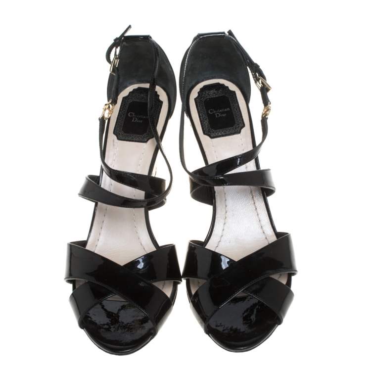 Pre Owned Dior Black Patent Leather Criss Cross Raffia Wedge Ankle Strap Sandals Size 40.5