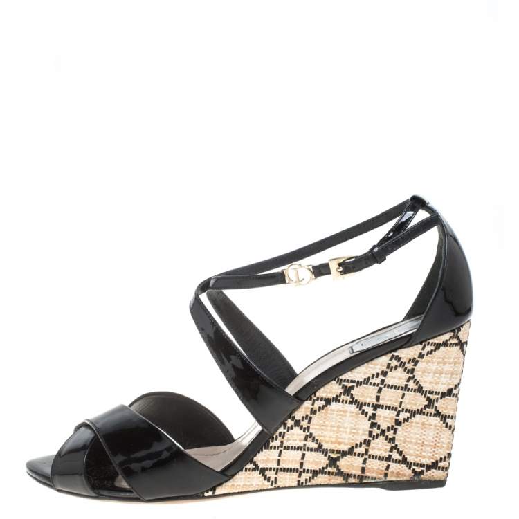 Pre Owned Dior Black Patent Leather Criss Cross Raffia Wedge Ankle Strap Sandals Size 40.5