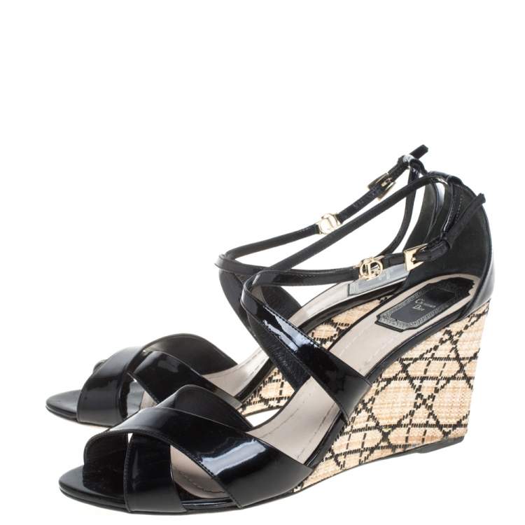 Pre Owned Dior Black Patent Leather Criss Cross Raffia Wedge Ankle Strap Sandals Size 40.5