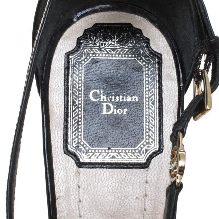 Pre Owned Dior Black Patent Leather Criss Cross Raffia Wedge Ankle Strap Sandals Size 40.5
