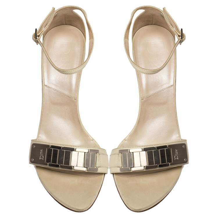 Pre Owned Dior White Leather Wedge Ankle Strap Sandals Size 39