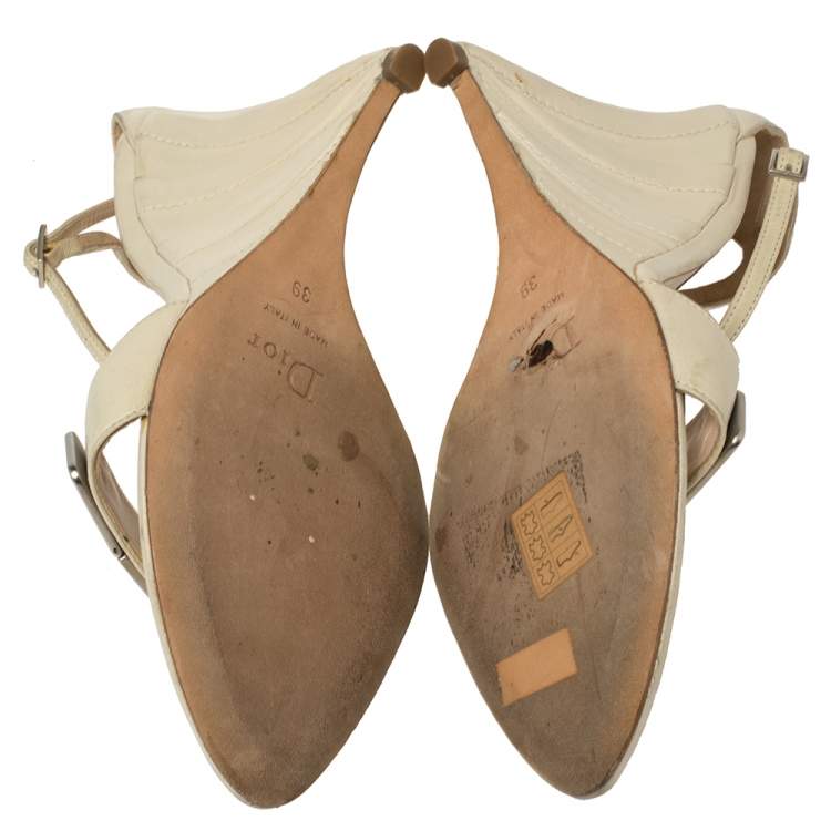 Pre Owned Dior White Leather Wedge Ankle Strap Sandals Size 39