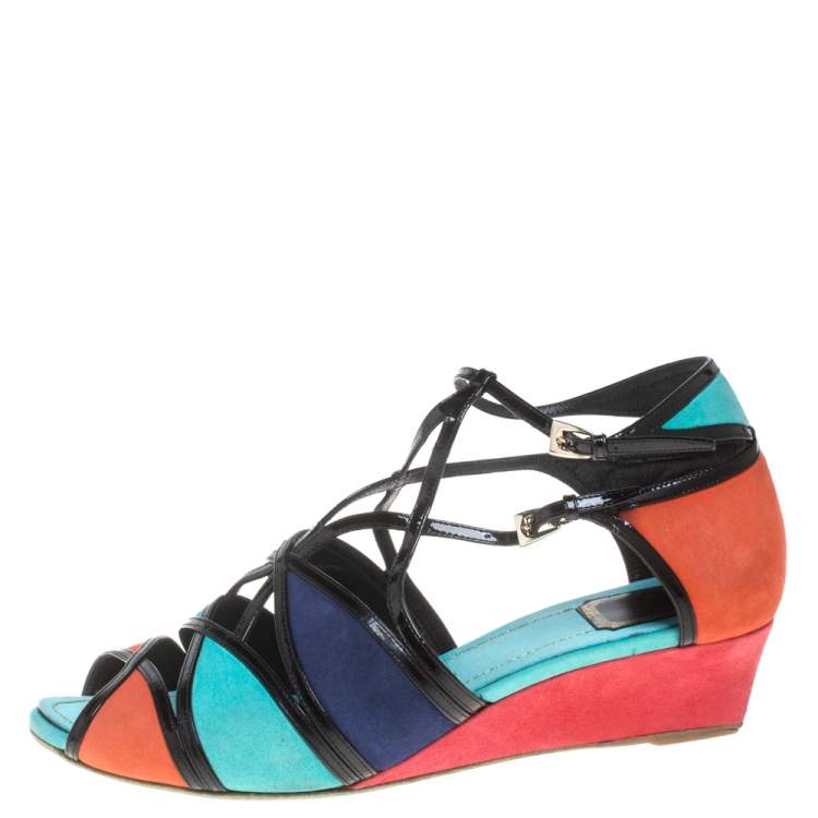 Pre Owned Dior Multicolor Suede And Patent Leather Kitten Wedge Sandals Size 40