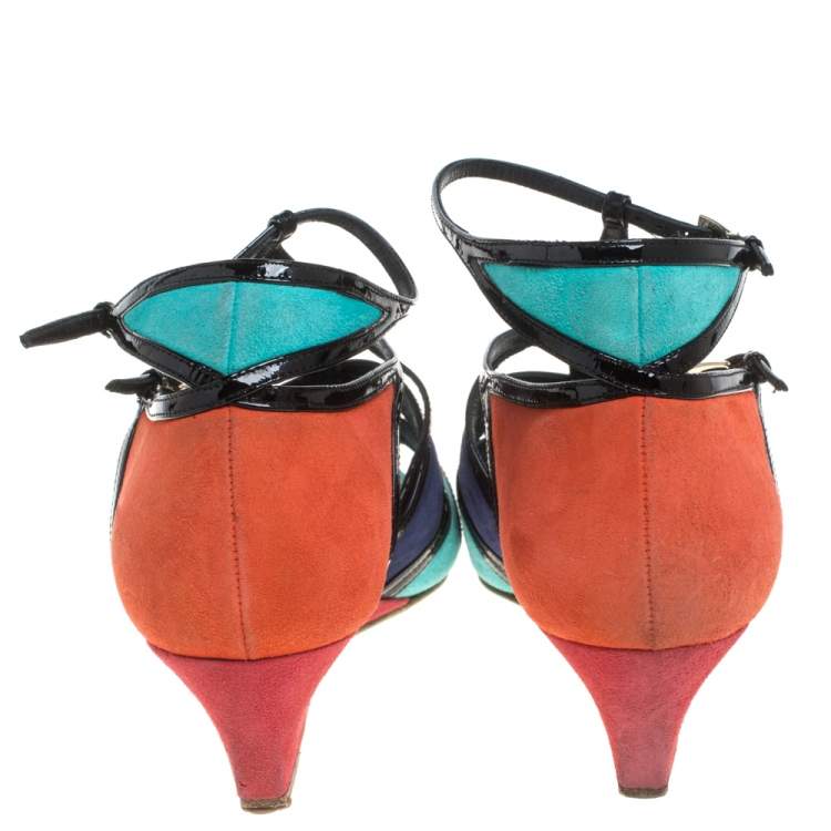 Pre Owned Dior Multicolor Suede And Patent Leather Kitten Wedge Sandals Size 40