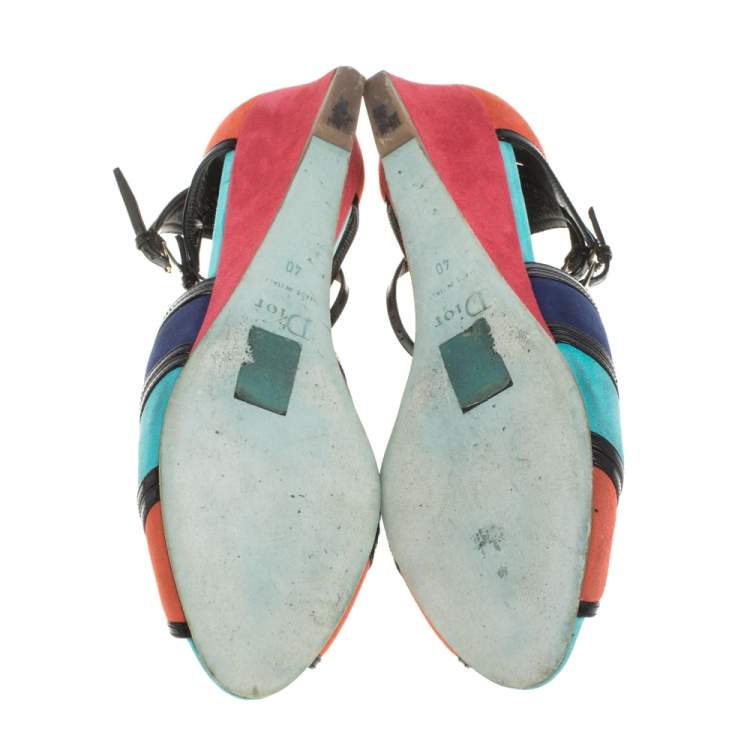 Pre Owned Dior Multicolor Suede And Patent Leather Kitten Wedge Sandals Size 40