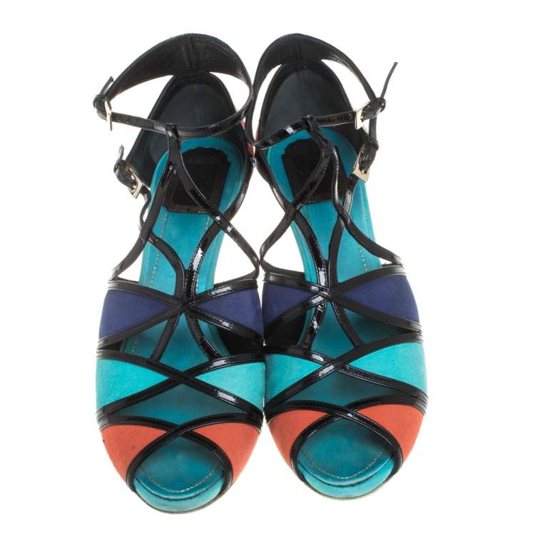 Pre Owned Dior Multicolor Suede And Patent Leather Kitten Wedge Sandals Size 40