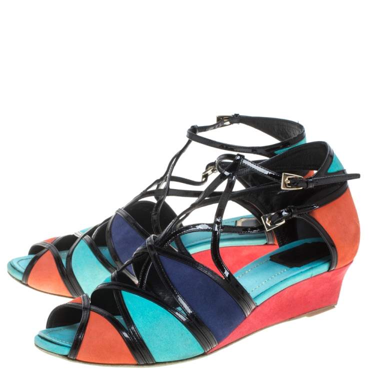 Pre Owned Dior Multicolor Suede And Patent Leather Kitten Wedge Sandals Size 40
