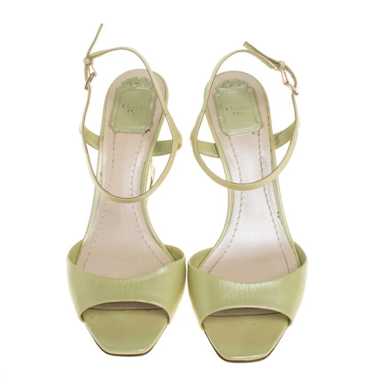 Pre Owned Dior Green Leather Wedge Ankle Strap Sandals Size 38