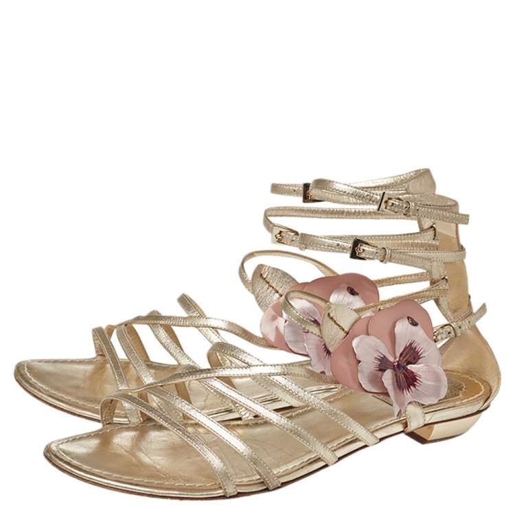 Pre Owned Dior Leather Flower Embellished Strappy Sandals Size 41