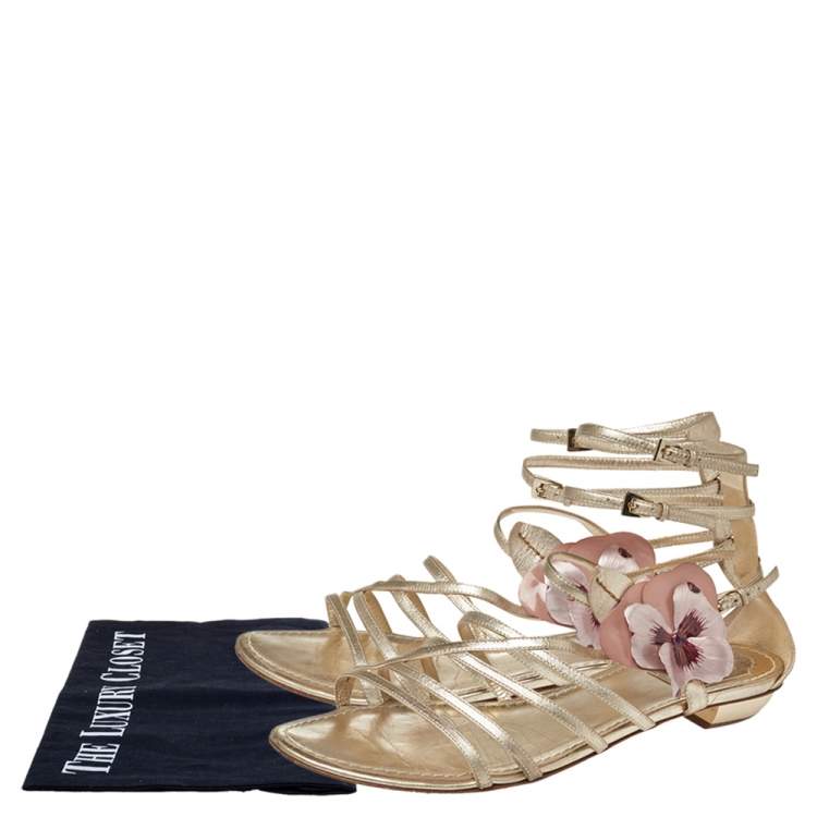 Pre Owned Dior Leather Flower Embellished Strappy Sandals Size 41