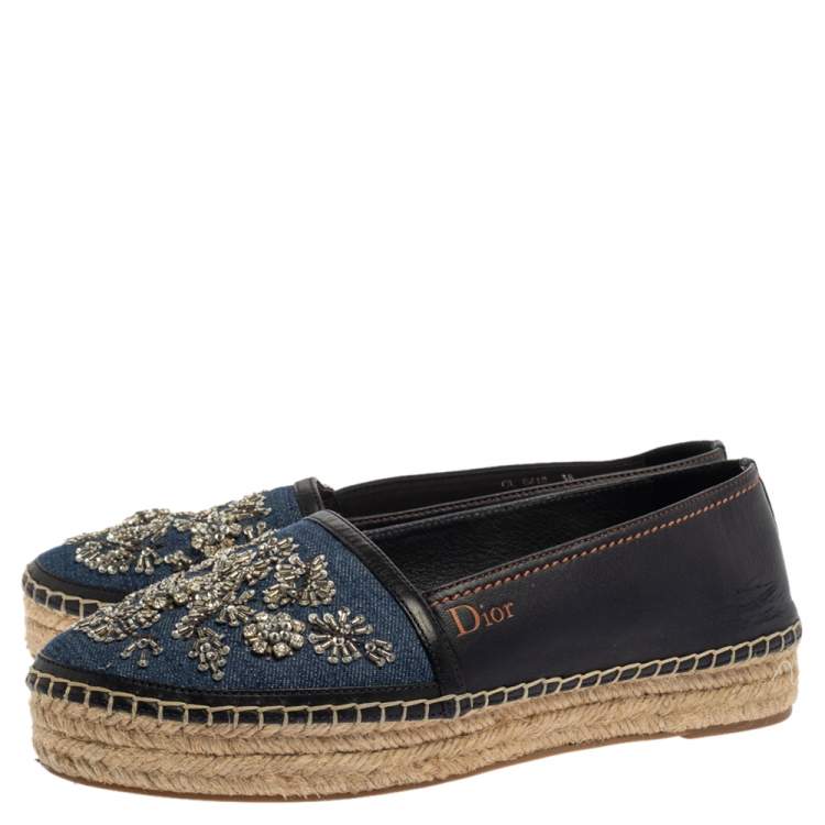 Pre Owned Dior Blue/Black Denim And Leather Embellished Espadrilles Size 38
